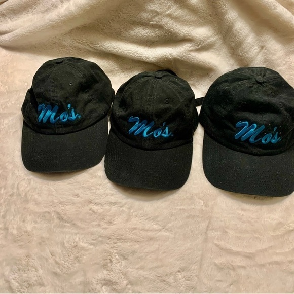 Set of 3 Ballcaps Unisex Hats Black w/ Teal Embroidered Text “Mo’s” Buckled Back - Picture 6 of 7
